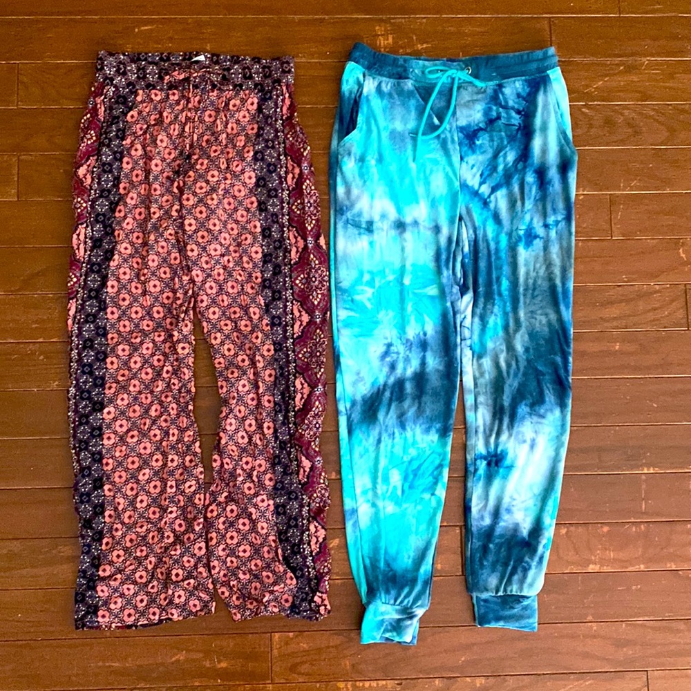 Ladies pull on pants for cool mornings. Both like new. Tie dye had adj waist